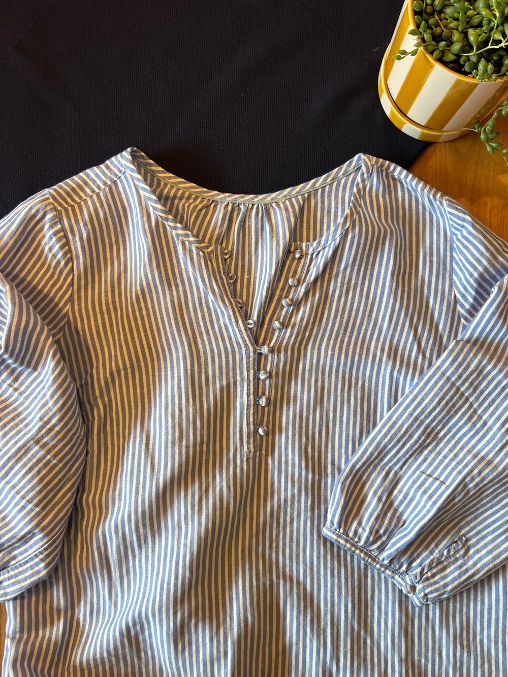 Boden Blue and White Linen Striped Button-Front Blouse